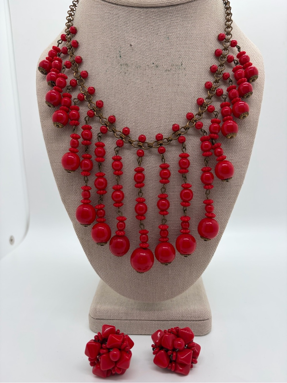 Vintage brass and silver tone red glass bead cluster necklace and clip on set